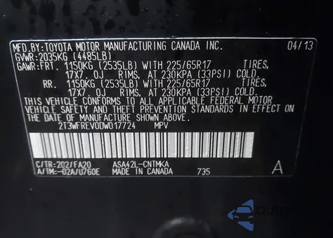 2013 Toyota Rav4 Xle from USA, damaged, VIN 2T3WFREV0DW017724